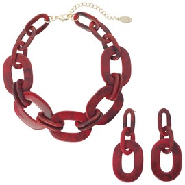 BOCAR Acrylic Chunky Statement Necklace for Women Cube Link Chain Collar Necklace and Hoop Earrings Costome Jewelry Set (NK-10667-Ruby Wine)