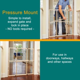 MYPET North States Wire Mesh Dog Gate: 29.5-48" Wide. Pressure Mount. No Tools Needed. Made in USA. Dog Gate 37" Tall, Expandable, Durable Dog Gates for Doorways, Sustainable Hardwood, Natural Finish