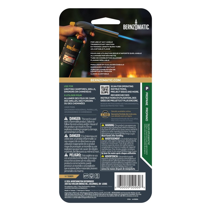 Bernzomatic QuickFire Outdoor Torch, High Output, Wind-Resistant Propane Hand Torch