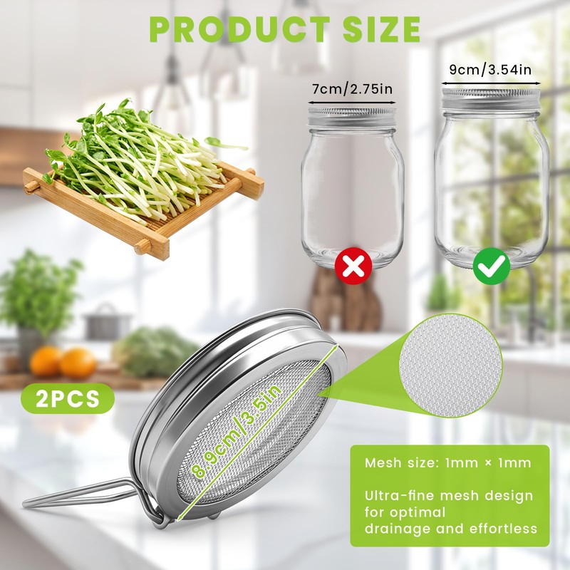 2 Pack Sprouting Lids for Wide Mouth Mason Jars, Reusable