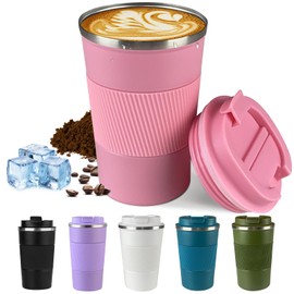 Insulated travel coffee mugs leak-proof, reusable coffee cups with a lid,stainless steel vacuum thermos coffee tumblers, suitable for men and women,keep hot and cold drinks (3rd-Pink, 12OZ)