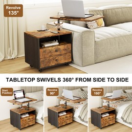 Tbimercftra Mobile End Table with Lift Top, Adjustable Height Laptop Stand, Built-in USB Charging Station, Storage Drawers, Rustic Brown