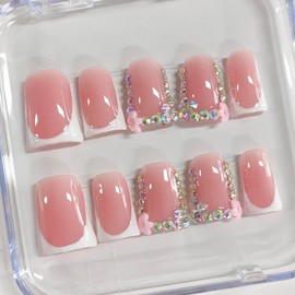Handmade Press on Nails Short Duck White French Tip Thick Acrylic Fake Nails 3D Floral False Nails with Rhinestones Pink Flower Designs Elegant Sturdy Nail Art Press on Nails 10Pcs(M)
