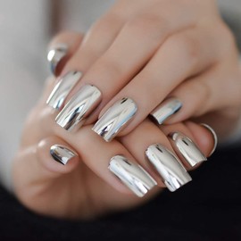 EDA LUXURY BEAUTY Silver Metallic Luxe Design Press On Nails Full Cover Acrylic Nail Kit Glue On Mirror Effect Chrome False Nails Extra Long Square Nail Art Tips Super Fashion Fake Nails Set