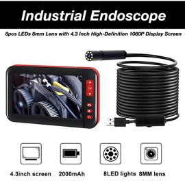 BRIGHTBOX Endoscope Inspection Camera, Industrial Borescope with 8mm Lens, 4.3 Inch IPS Screen, Semi-Rigid Cable (2/5/10M), Waterproof, LED Light, 32GB Card (5M)
