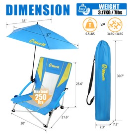 EMERIT Low Beach Chairs for Adults, Sling Beach Chair with Umberalla, Folding Backpack Camping Chair with Cup Holder
