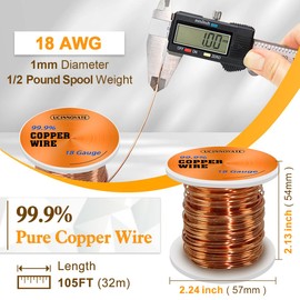 UCINNOVATE 18 Gauge Pure Copper Wire, 18 AWG 99.9% Bare Copper Wire 105FT / 32m 1/2 BL Spool, Solid Soft Copper Wire for Jewelry Making Craftwire, Cooper wire Coil for Electroculture Gardening Antena