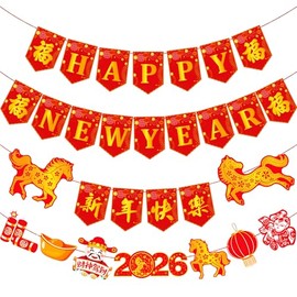 4pcs Happy Chinese New Year Banners Lunar New Year Banners Spring Festival Party Decorations for 2026 Year of the Horse Party Hanging Decoration Supplies