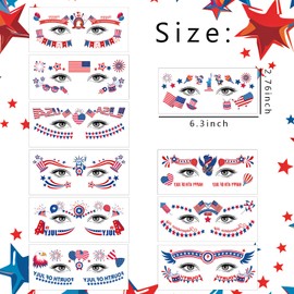 10 Sheets 4th of July Face Temporary Tattoo Sticker, Independence Day Face Eyes Tattoo Stickers Decorations Fit for Women Girls Patriotic Makeup Festival Party(Style 2)