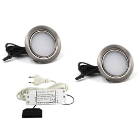 vislux LED Recessed Spotlight 12 V 3000 K Warm White 3 W Recessed Spotlights LED Flat 12 V/230 V 190 LM Bore Hole 55-60 mm and 16 mm Flat Furniture Recessed Spotlights with 1.8 m Cable Brushed