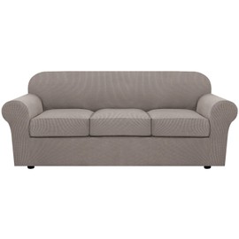 H.VERSAILTEX 4 Piece Stretch Sofa Covers for 3 Cushion Couch Covers for Living Room Furniture Slipcovers (Base Cover Plus 3 Seat Cushion Covers) Feature Upgraded Thicker Jacquard Fabric (Sofa, Taupe)