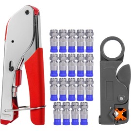 Coaxial Cable Crimper for RG59, RG6, 3-in-1 Coax Cable Repair Kit with Wire Stripper Adjustable for RG59, RG11, RG7, F-Type RG6 Connector for Satellite TV, Home Theater and Network Cabling (20)