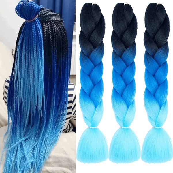 Xtrend 3 Packs 3 Tone Jumbo Braiding Hair 24 Inch Synthetic Afro Braiding Hair Extensions for Box Braids and Twist Crochet Braid Hair (3 Packs, Black/Dark Blue/Light Blue#)