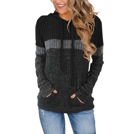 MixShe Womens Sweaters - Color Block Ribbed Knit Hoodie Pullover, Long Sleeve, Black/Gray/Darkgray Small