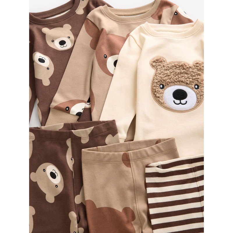 NEXT Snuggle 3 Pack 100% Cotton Pyjamas, Brown/Cream
