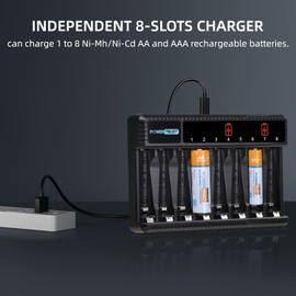 PowerTrust 8 Bay AA AAA Battery Charger with LCD Display for Ni-MH Ni-CD AA AAA Rechargeable Batteries (USB Quick Charging, Independent Slot)