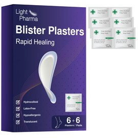 Light Pharma Blister Plasters for Feet, 6 Hydrocolloid Plasters for Blister Treatment & Prevention, Latex-Free, Translucent and Hypoallergenic (6 Heel Dressings + 6 Cleansing Pads)