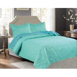 Legacy Decor 3 PCS Shell & Seahorse Reversible All Season Bedspread Quilt Coverlet Oversize, Turquoise Color, Queen Size
