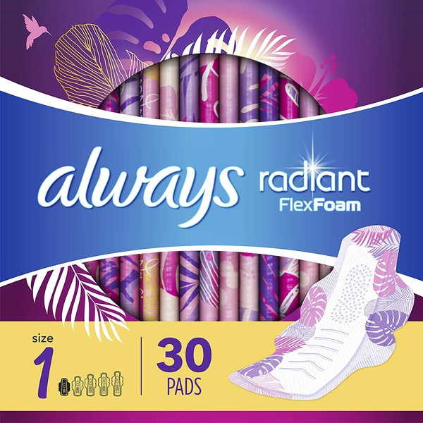 Always Radiant Feminine Pads for Women, Size 1, Regular Absorbency, Light Clean Scent, 30 Count- Pack of 6 (180 Count Total) (Artwork May Vary)
