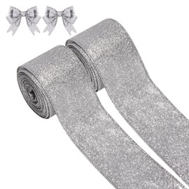 2 Rolls Christmas Ribbon Metallic Glitter Ribbon for Gift Wrapping, Green Shiny Curling Wired Edge Ribbon for Christmas Tree Wreath DIY Crafts Home Party Holiday Decoration, 2.5" x 10 Yd/Silver