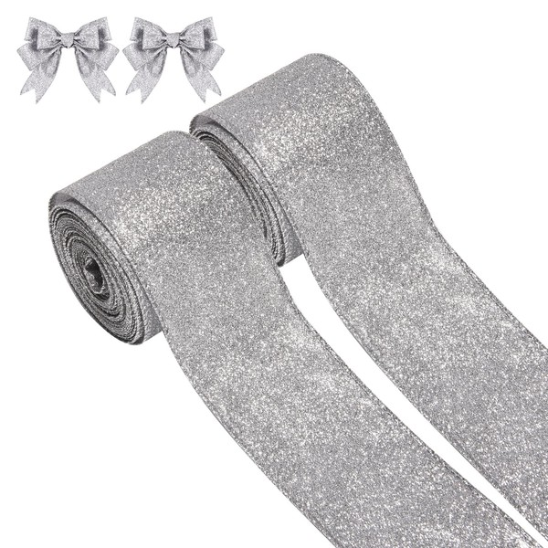 2 Rolls Christmas Ribbon Metallic Glitter Ribbon for Gift Wrapping,