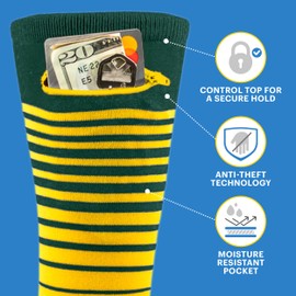 Pocket Socks Ultimate Sports Fan Socks with a Pocket - Anti Pickpocket Funny Socks for Men & Women w/Zipper Pocket - Green & Yellow -Stripe (Small/Med)