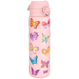 ION8 Steel Water Bottle, 600 ml/20 oz, Leak Proof, Easy to Open, Secure Lock, Dishwasher Safe, Flip Cover, Fits Cup Holders, Carry Handle, Durable, Metal Water Bottle, Raised Print, Butterflies Design