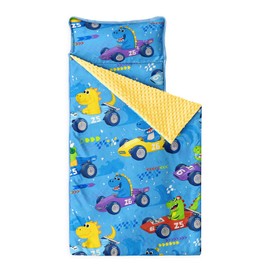 Wake In Cloud - Toddler Nap Mat with Pillow and Minky Fleece Blanket, for Kids Boys in Daycare Preschool Kindergarten, Roll Up Sleeping Bag, Colorful Dinosaur Race Car, Sky Blue, Standard