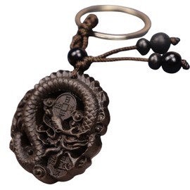 DAZUMA Keychain, Dragon Ebony, Gift Box, Netsuke, Strap, Carved, Feng Shui, Good Luck, Money Luck, Natural, Wood, Rooting, Blue Dragon, Carved, Black Gift, natural