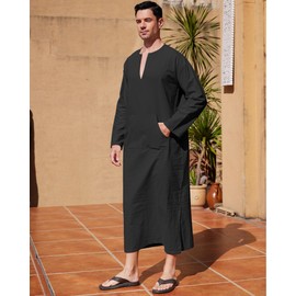 YAOHUOLE Men's V-Neck Long Sleeve Caftan Thobe Side Split Kaftan Long Gown Thobe with Pockets Black L