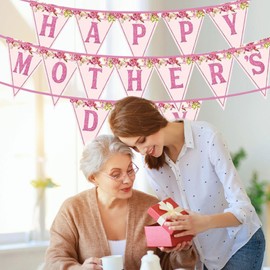 Oiieco Mothers Day Decorations, Happy Mothers Day Banner Bunting Balloons Themed Kit Pink Floral Mother's Day Flags Hanging Spiral Ceiling Table Decorations for Mom Party Supplies