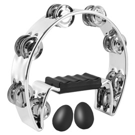 EASTROCK Tambourine Music Percussion Instrument Single Row Metal Bell Handheld Half-Moon Tambourine Chrome Plated Handdrum Metallic Texture and Egg Shakers for Adults KTV Party Band (Sliver)