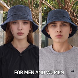 QFE Everyday Bucket Hat – Unisex Lightweight Trendy Cotton Hot Summer Fun Outdoor Vacation Boonie for Men and Women Wide Brim Washed Denim Sun Hats Flat Top Cap Fishing Hiking Beach Sports, Dark Blue