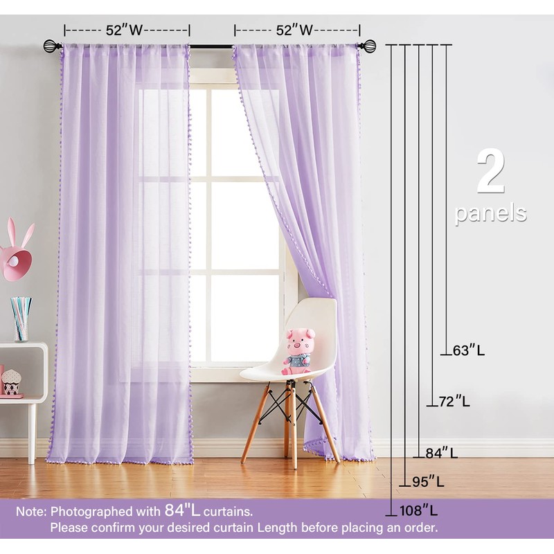 Treatmentex Pom-Pom Sheer Curtains for Kid's Room, 63" Linen Textured