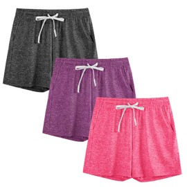 3-Pack Kids/Girls/Youth Athletic Shorts Dry-Fit High Waisted Running Shorts (5-18 Years), Heather Grey/Purple/Hot Pink, 5-6 Years