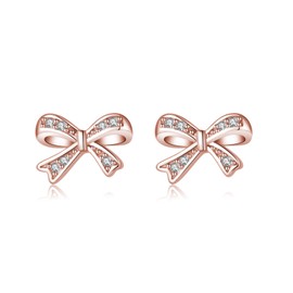 SLUYNZ Solid 925 Sterling Silver Tiny Bow Earrings Stud for Women Teens CZ Bowknot Stud Earrings (C-Rose Gold Plated)