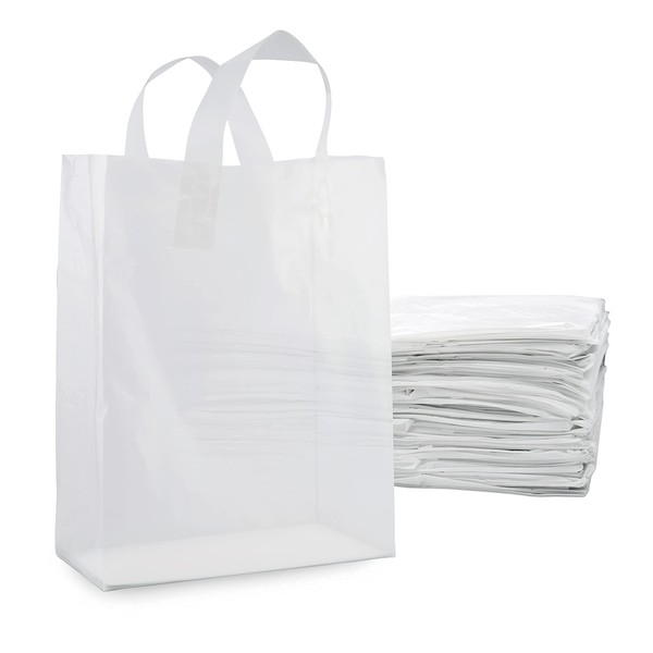 Plastic Bags with Handles - 10x5x13 Inch 100 Pack Medium Frosted White Gift Bags with Cardboard Bottom, Clear Shopping Totes in Bulk for Retail Stores, Merchandise, Small Business, Boutiques, Take Out