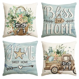 AVOIN colorlife Bless Our Home Eucalyptus Leaves Starfish Throw Pillow Covers, 20 x 20 Inch Seasonal Spring Summer Truck Home Sweet Home Cushion Case Decorations Set of 4