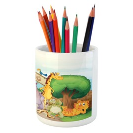 Ambesonne Zoo Pencil Pen Holder, Zoo and the Animals in Nature Welcoming Playful Outdoors Forest Landscape, Printed Ceramic Pencil Pen Holder for Desk Office Accessory, Multicolor