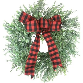 24 Inch Spring Front Door Wreath Boxwood Red Black Plaid Bowknot Wreath Mini Artificial Eucalyptus Foliage Wreath on Grapevine Farmhouse Wreath for Front Door Wall Window Party Home Decor