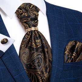 DiBanGu Black Gold Ascot Tie Woven Paisley Cravat Tie Silk Pocket Square Cufflinks Tie Ring Set