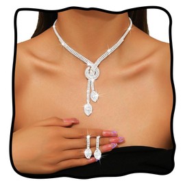 Nicute Sparkly Jewelry Set Bride Necklace Earrings Set Prom Wedding Costume Necklaces for Women (Silver)