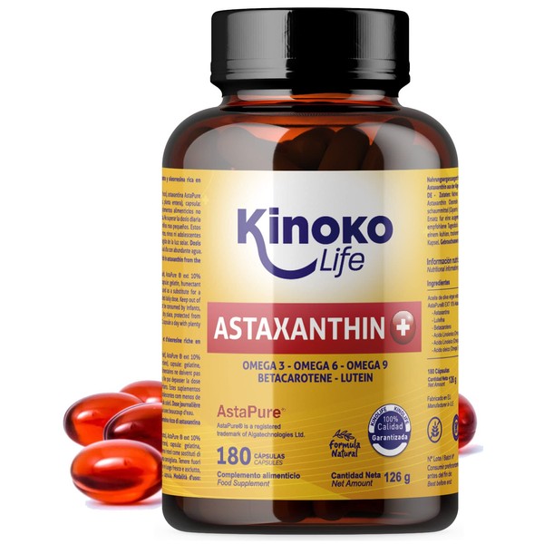 ASTAXANTHIN PLUS 4mg | 180 Capsules (Sofgels) | with Lutein, Omega 369 and Beta Carotene | 100% Natural | ASTAPURE® Quality | Fat Soluble | Natural Antioxidant | Gluten Free | Non GMO