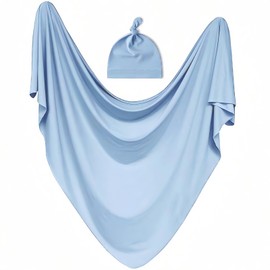 Baby Receiving Blankets with Matching Beanie Set Newborn Nursery Swaddle Unisex Swaddle Wrap Soft Silky Neutral for Baby Girls and Boys (Blue)