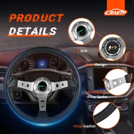 RASTP Universal Drifting Deep Dish Racing Steering Wheel 13.8”/350mm 6 Bolts Grip PU Foaming Material & Aluminum with Horn Button for Car - Gray