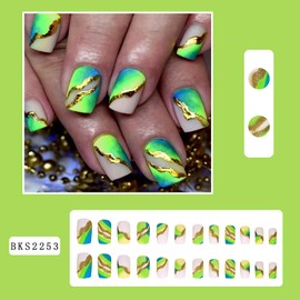 Press on Nails Square Short Length Glossy Full Cover Acrylic Square Shaped Green False Nails with Gold Line Designs Artificial Short Square Fake Nails Glue ons Nails Stick on Fingernails for Women