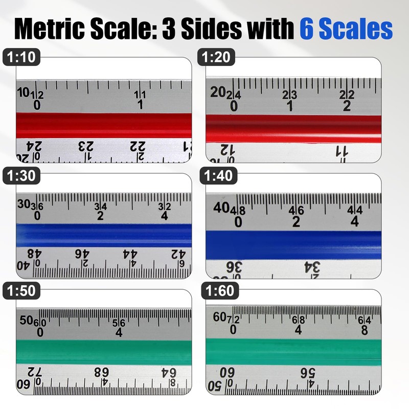 Kyuionty Engineer Scale Ruler 12 Inch, Aluminum Laser-Etched Triangular Drafting