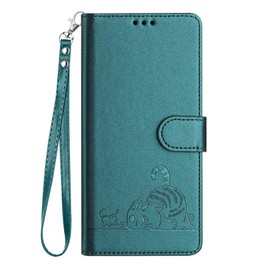 SEAHAI Case for OPPO Reno 12F 4G / OPPO Reno 12 FS 5G (Reno12 F 5G), Cute Cat Pattern Premium PU Leather Wallet Shockproof Flip Cover with Kickstand/Credit Card Slots/RFID Blocking, Dark Green