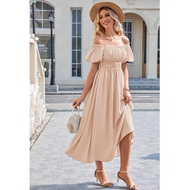 Duigluw Women's Summer Dresses Off Shoulder U Neck Puff Sleeve A Line Long Dress Smocked Casual Maxi Dress Papaya L