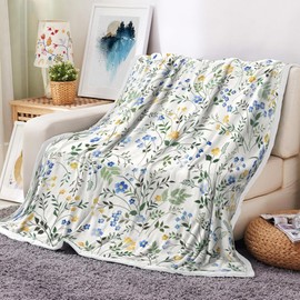 JAWO Spring Floral Throw - Blue & Yellow Watercolor Floral Blanket for Couch Sofa Camping, Farmhouse Cottagecore Flowers Bedding Decor, Soft Warm Flannel Throw for Women Girls, 50X60